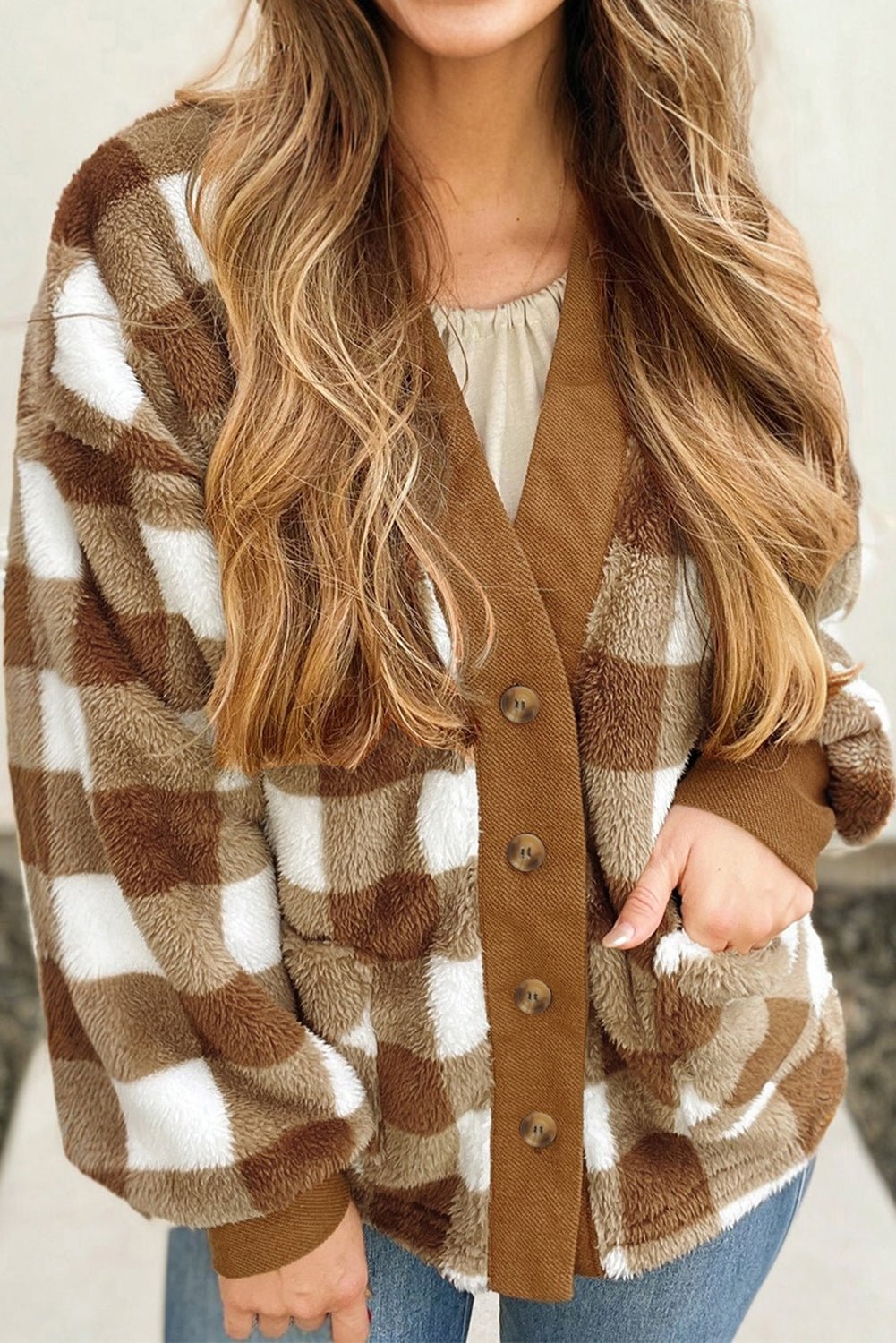 Brown Checkered Sherpa Loose Knit Cardigan with Pockets - MAD RUFFI