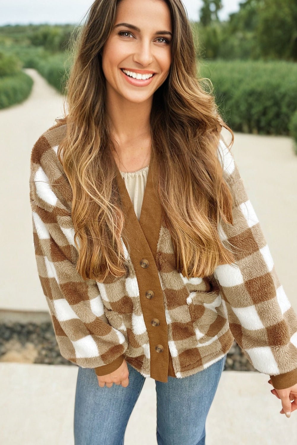 Brown Checkered Sherpa Loose Knit Cardigan with Pockets - MAD RUFFI