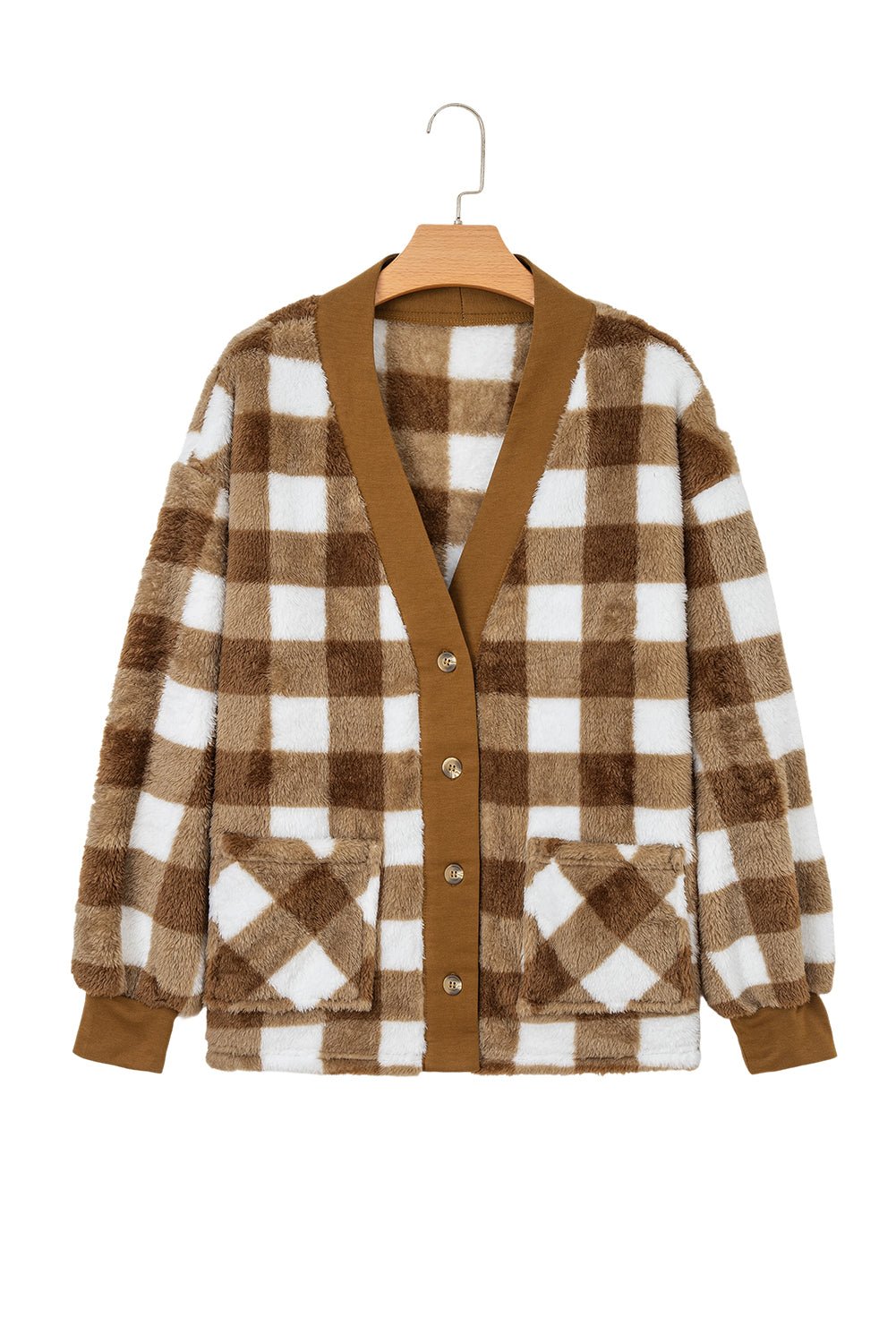 Brown Checkered Sherpa Loose Knit Cardigan with Pockets - MAD RUFFI