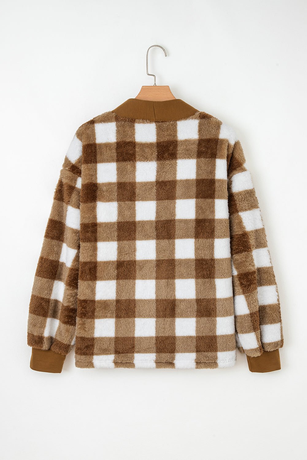 Brown Checkered Sherpa Loose Knit Cardigan with Pockets - MAD RUFFI