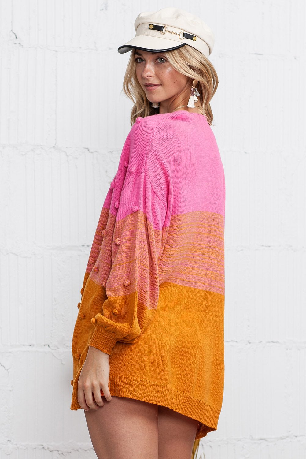 Brown Color Block Pompom Open Front Knitted Cardigan Sweater - MAD RUFFI