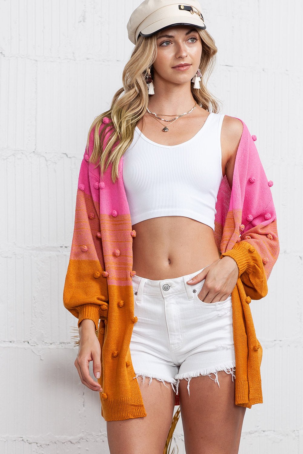 Brown Color Block Pompom Open Front Knitted Cardigan Sweater - MAD RUFFI