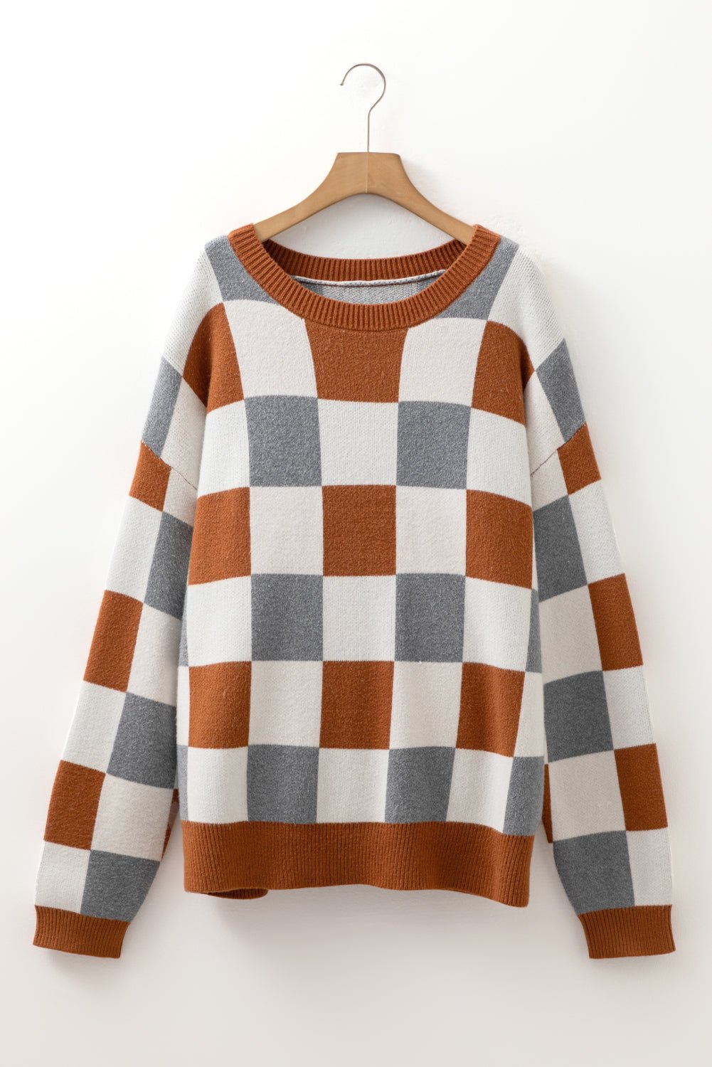 Brown Colorblock Checkered Drop Sleeve Plus Size Sweater - MAD RUFFI