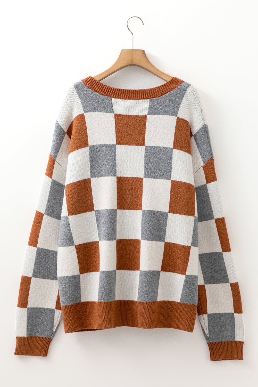 Brown Colorblock Checkered Drop Sleeve Plus Size Sweater - MAD RUFFI