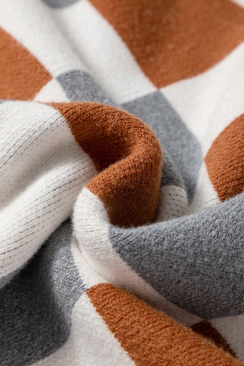 Brown Colorblock Checkered Drop Sleeve Plus Size Sweater - MAD RUFFI