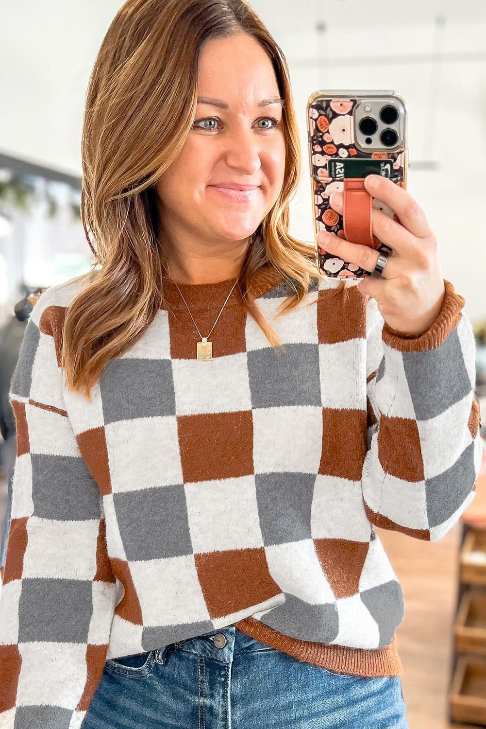 Brown Colorblock Checkered Drop Sleeve Plus Size Sweater - MAD RUFFI