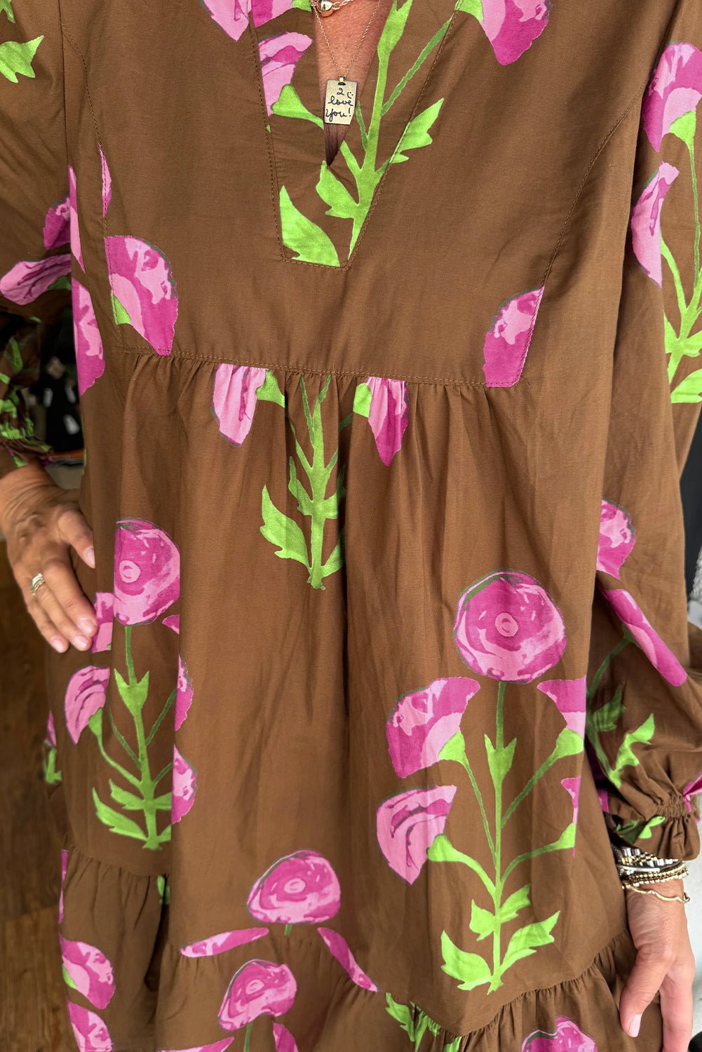 Brown Contrast Floral Print Babydoll Tunic Ruffled Hem Puff Sleeve Dress - MAD RUFFI