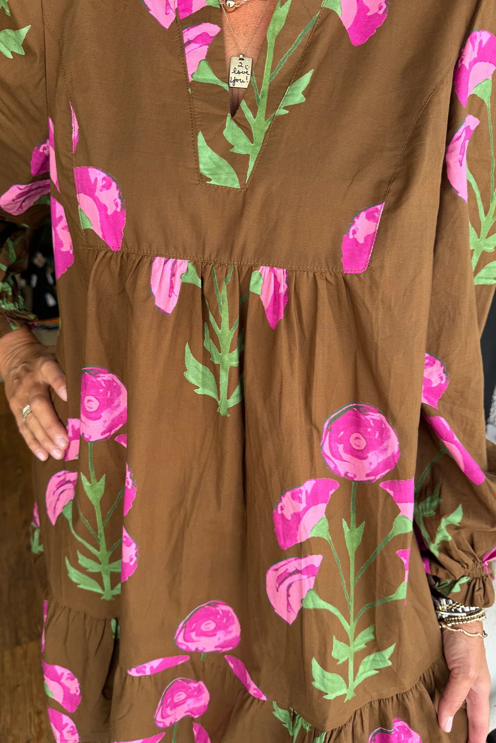 Brown Contrast Floral Print Babydoll Tunic Ruffled Hem Puff Sleeve Dress - MAD RUFFI