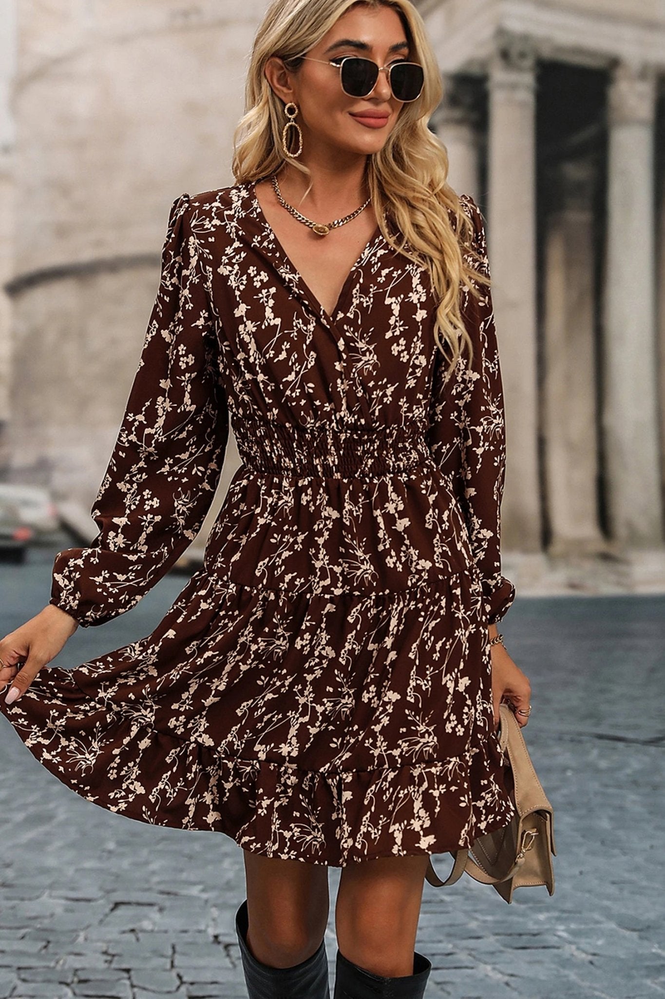Brown Ditsy Floral Print Split Neck Long Sleeve Shirred Waist Flared Mini Dress - MAD RUFFI