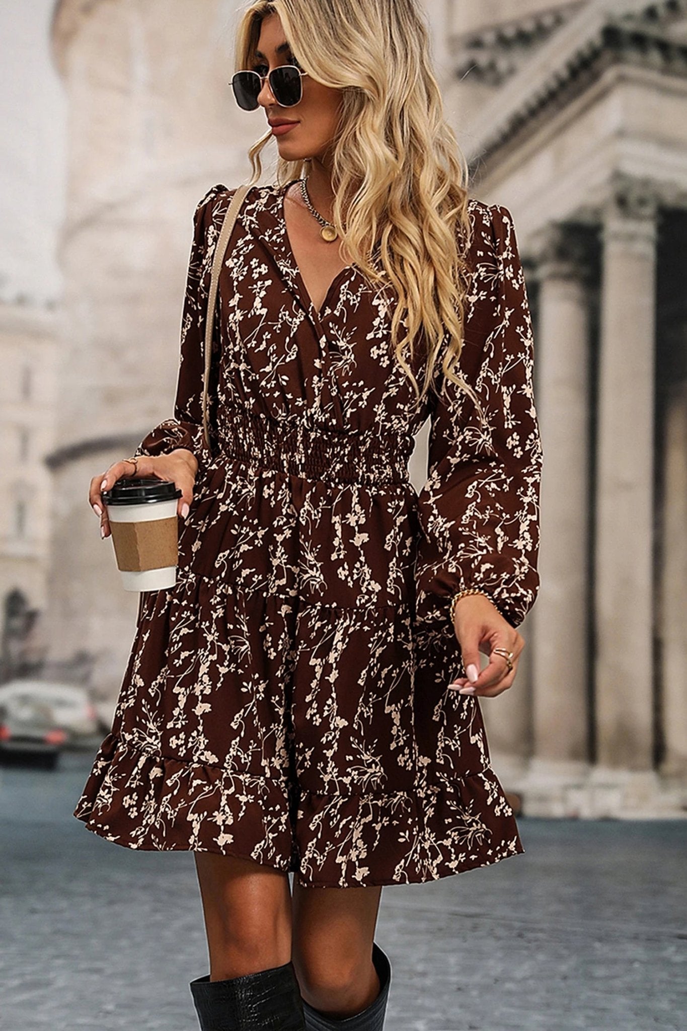 Brown Ditsy Floral Print Split Neck Long Sleeve Shirred Waist Flared Mini Dress - MAD RUFFI