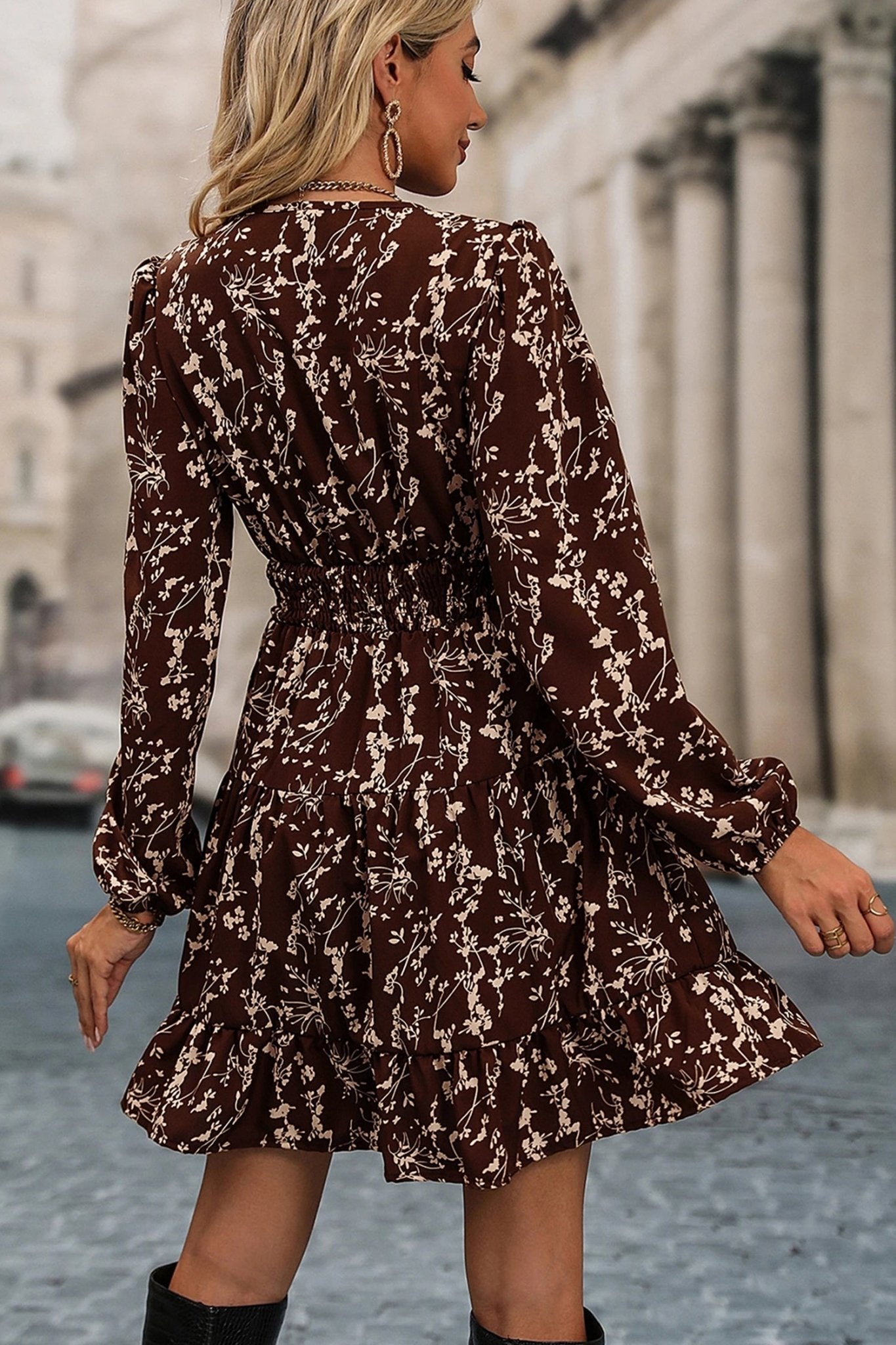 Brown Ditsy Floral Print Split Neck Long Sleeve Shirred Waist Flared Mini Dress - MAD RUFFI