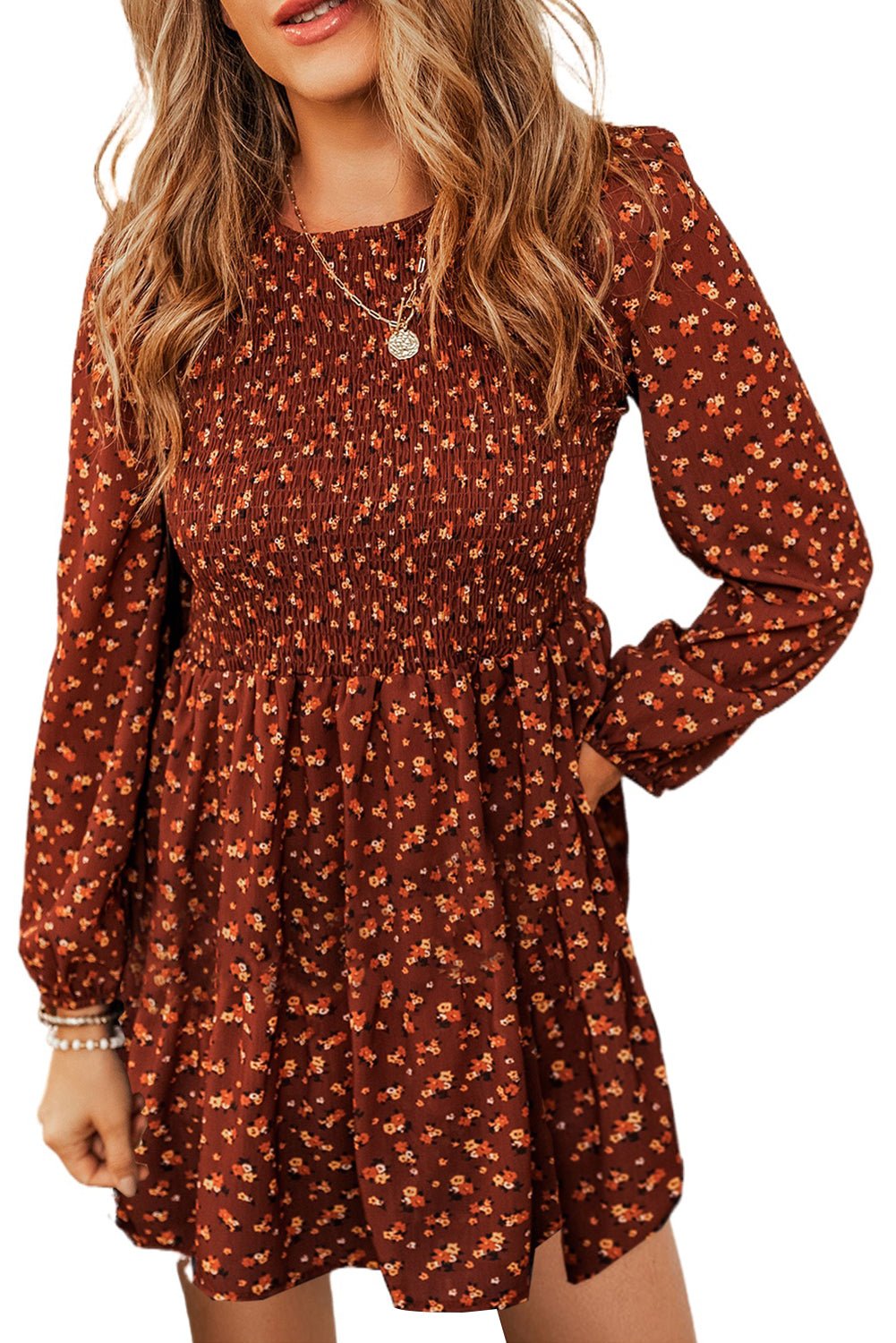 Brown Ditsy Floral Smocked Puff Sleeve Mini Dress - MAD RUFFI