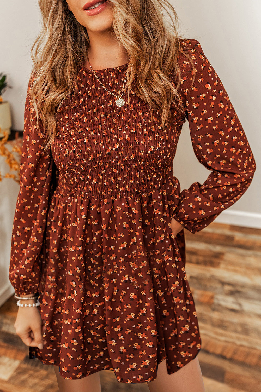 Brown Ditsy Floral Smocked Puff Sleeve Mini Dress - MAD RUFFI