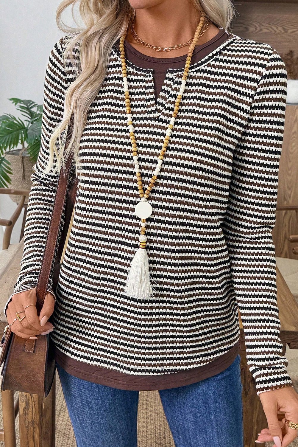 Brown Faux Two Piece Textured Striped Round Neck Long Sleeve T Shirt - MAD RUFFI