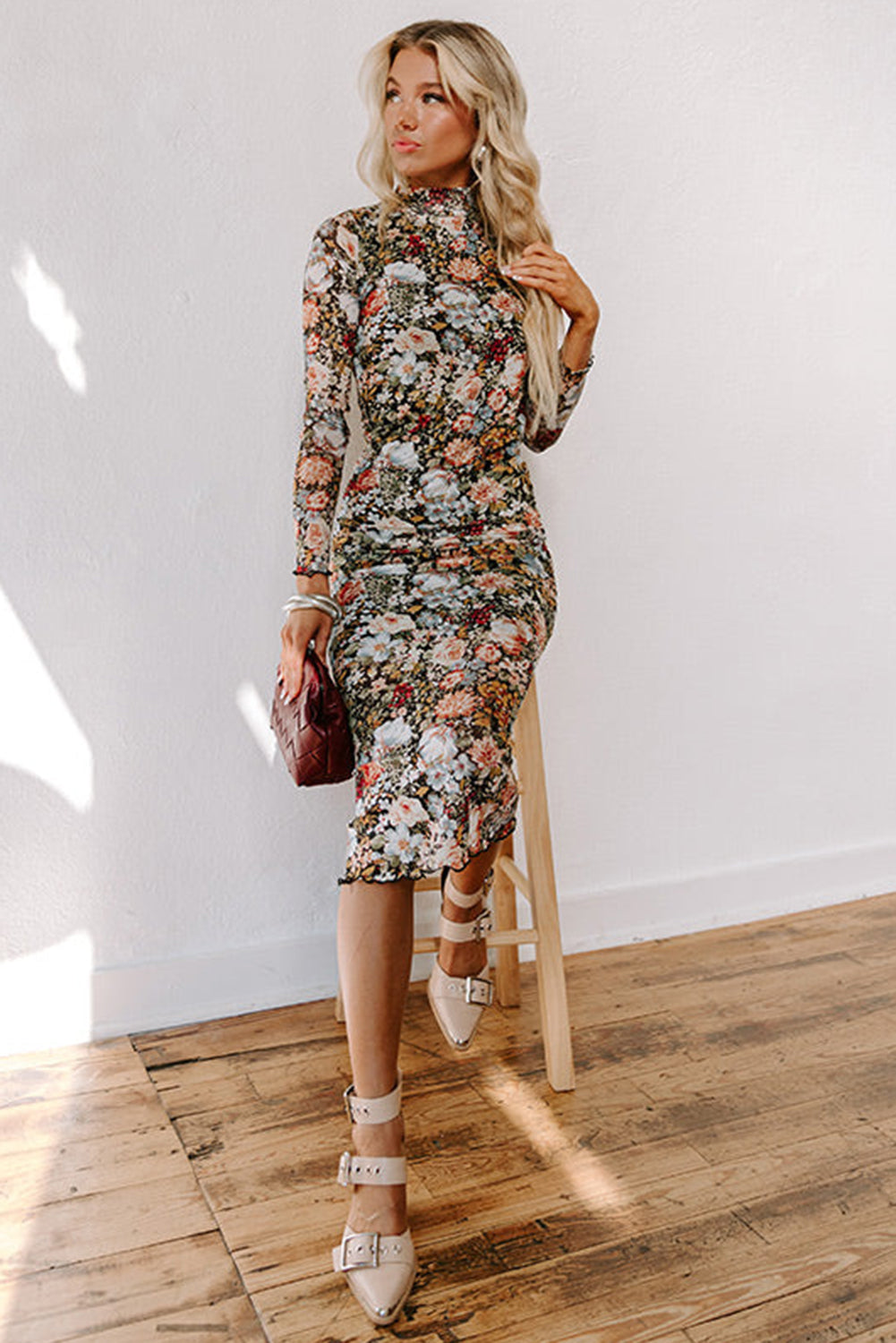 Brown Floral Allover Print Mock Neck Bodycon Midi Dress - MAD RUFFI