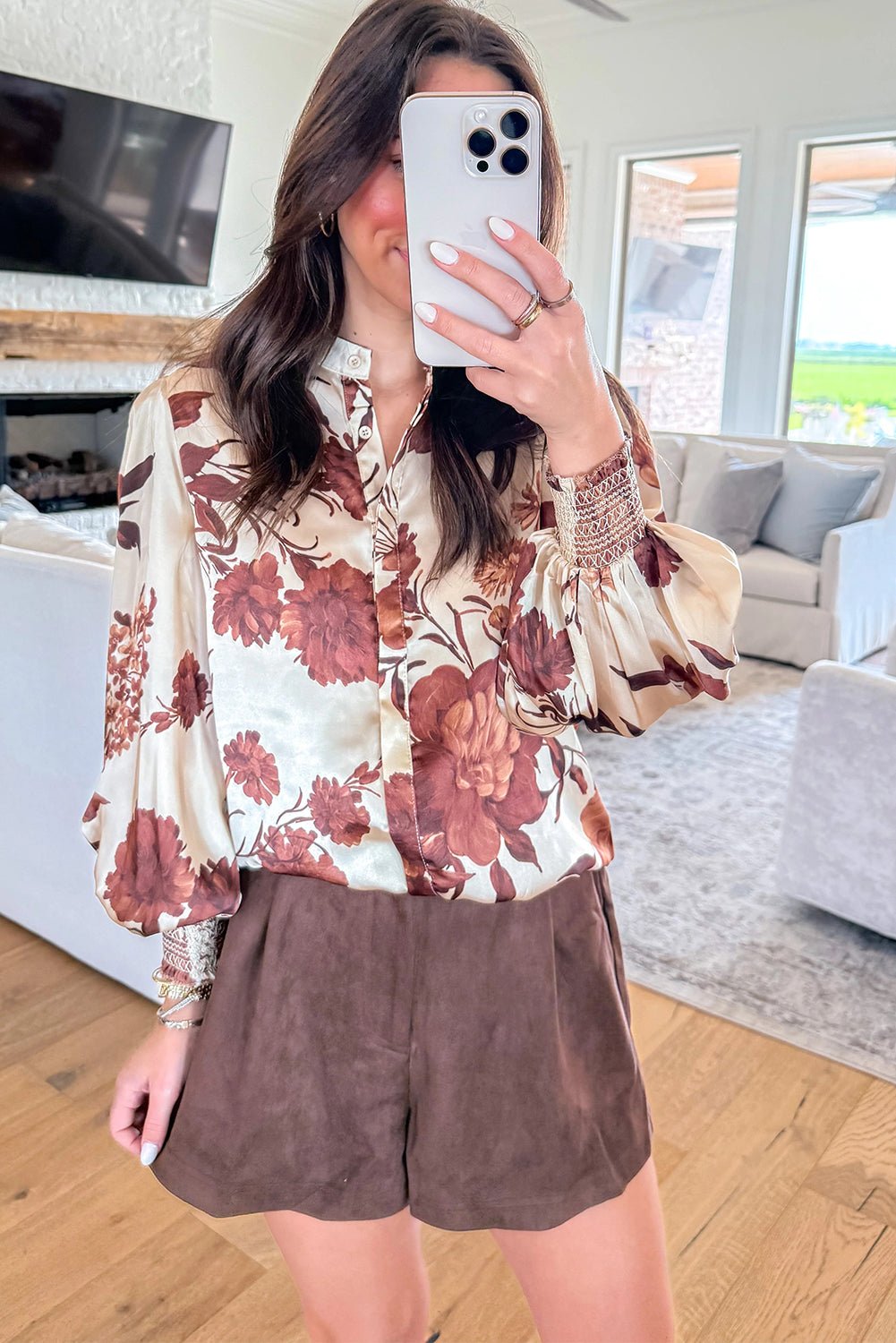Brown Floral Print Button Down Poet Sleeve Shirt - MAD RUFFI