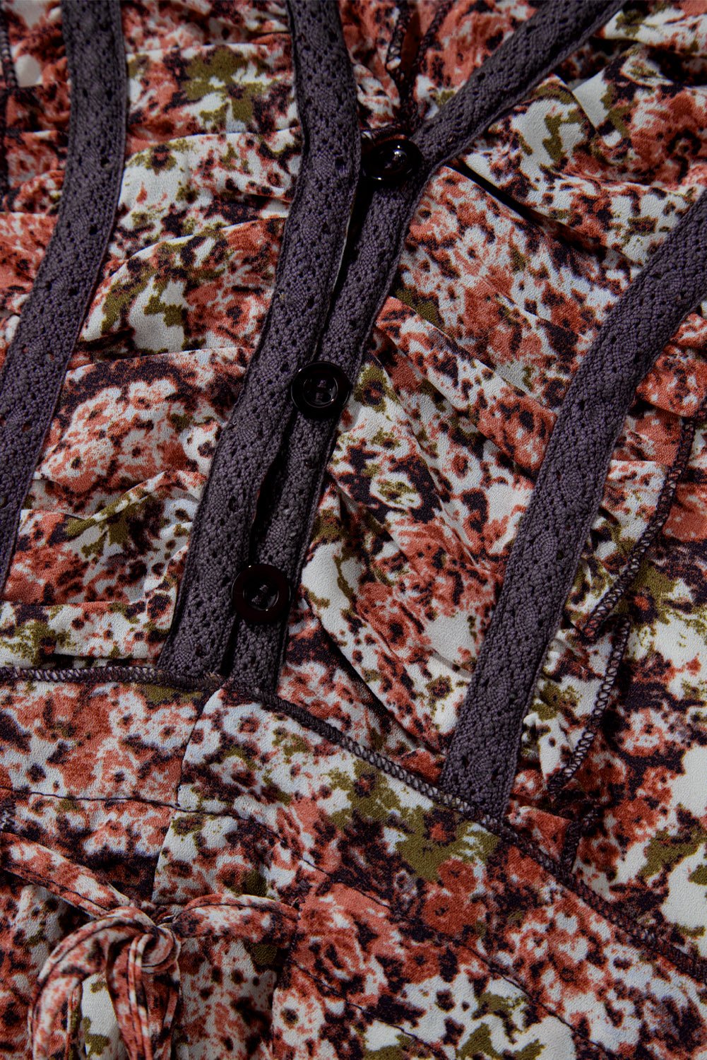 Brown Floral Print Frill V Neck Split Midi Dress - MAD RUFFI