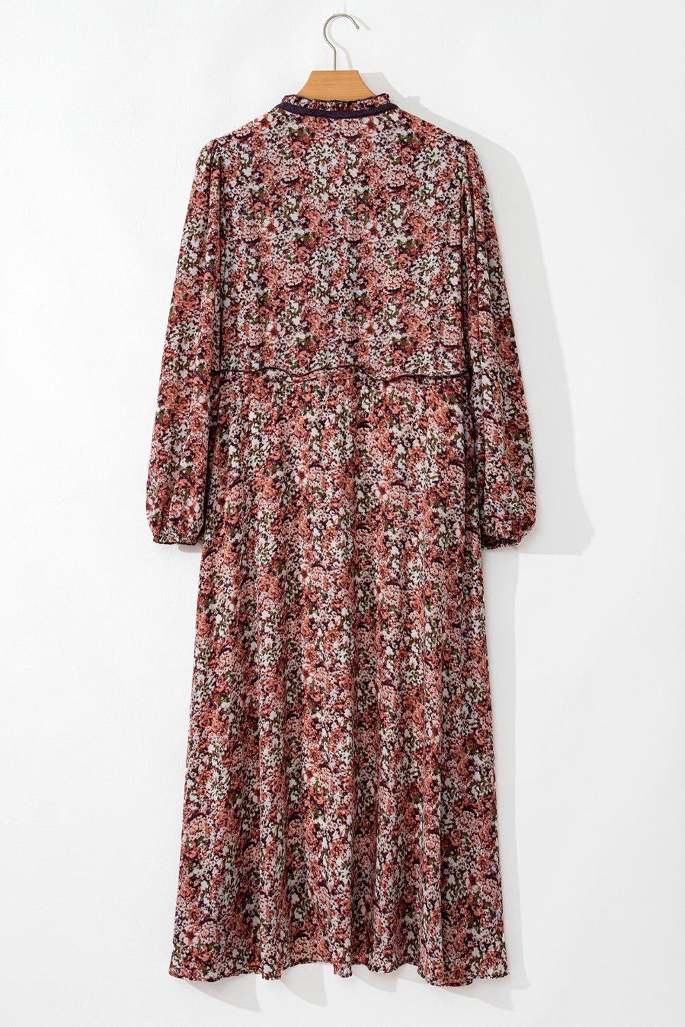 Brown Floral Print Frill V Neck Split Midi Dress - MAD RUFFI