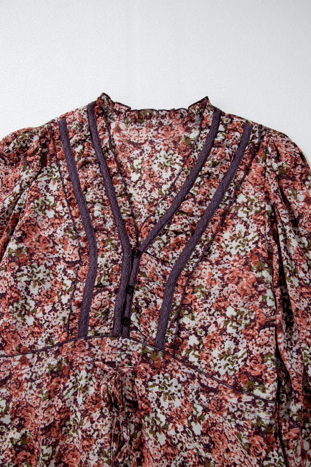 Brown Floral Print Frill V Neck Split Midi Dress - MAD RUFFI