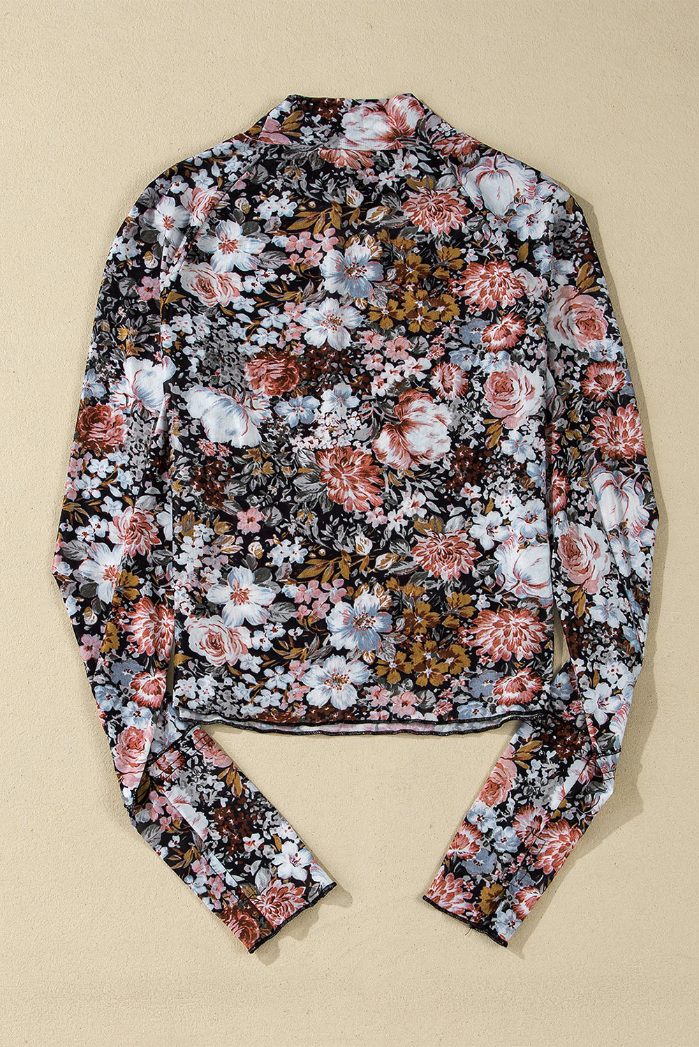 Brown Floral Print Mesh Mock Neck Slim Top - MAD RUFFI