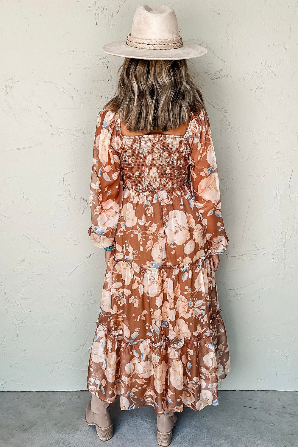 Brown Floral Print Shirred Square Neck High Waist Maxi Dress - MAD RUFFI