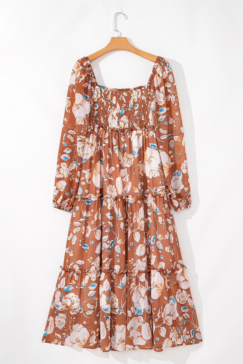 Brown Floral Print Shirred Square Neck High Waist Maxi Dress - MAD RUFFI