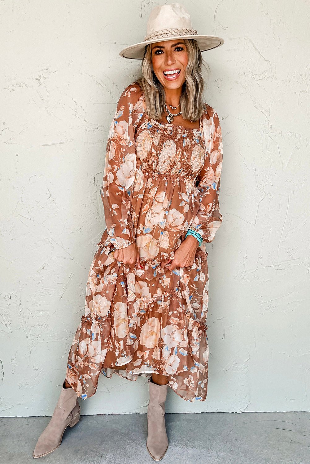 Brown Floral Print Shirred Square Neck High Waist Maxi Dress - MAD RUFFI