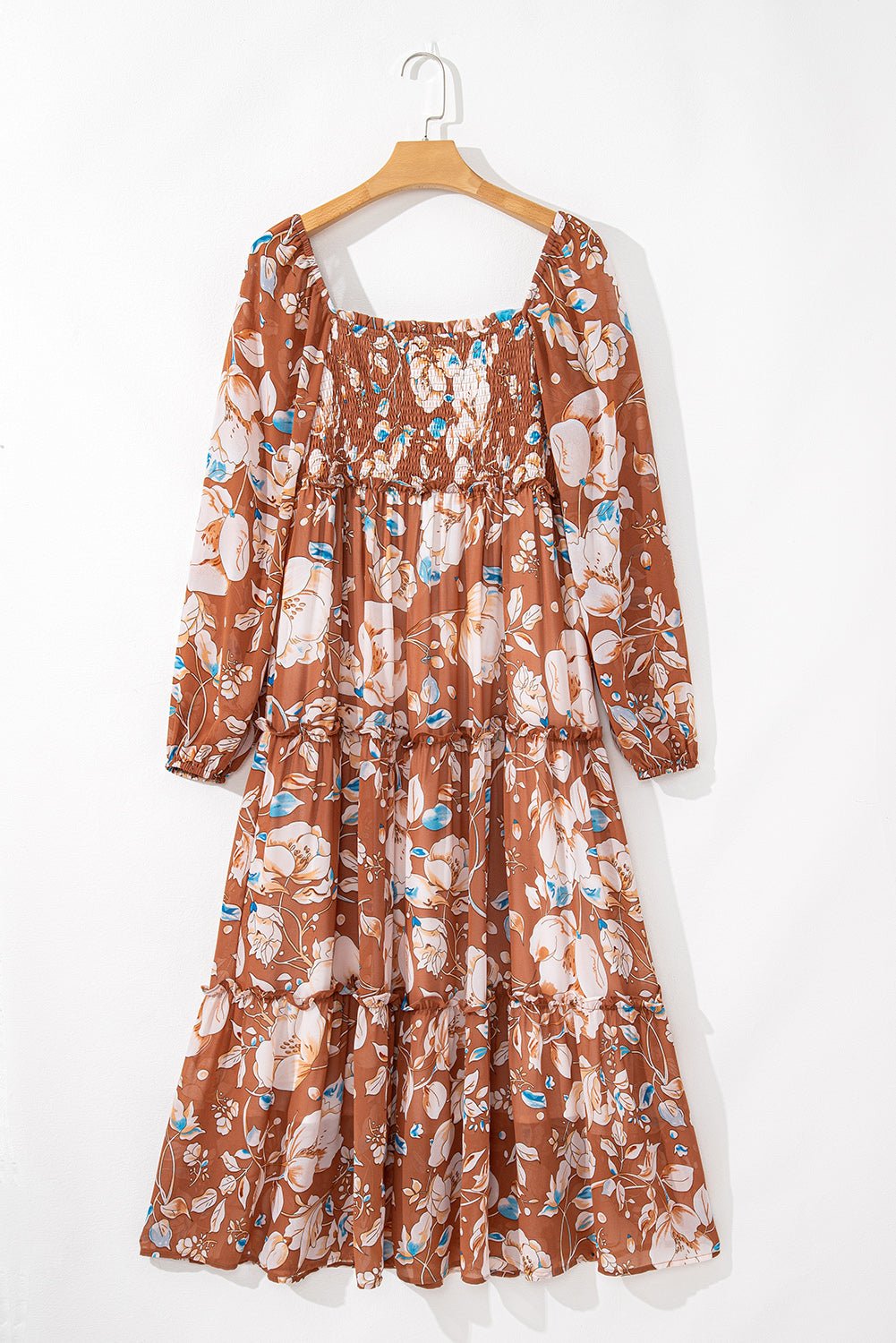 Brown Floral Print Shirred Square Neck High Waist Maxi Dress - MAD RUFFI