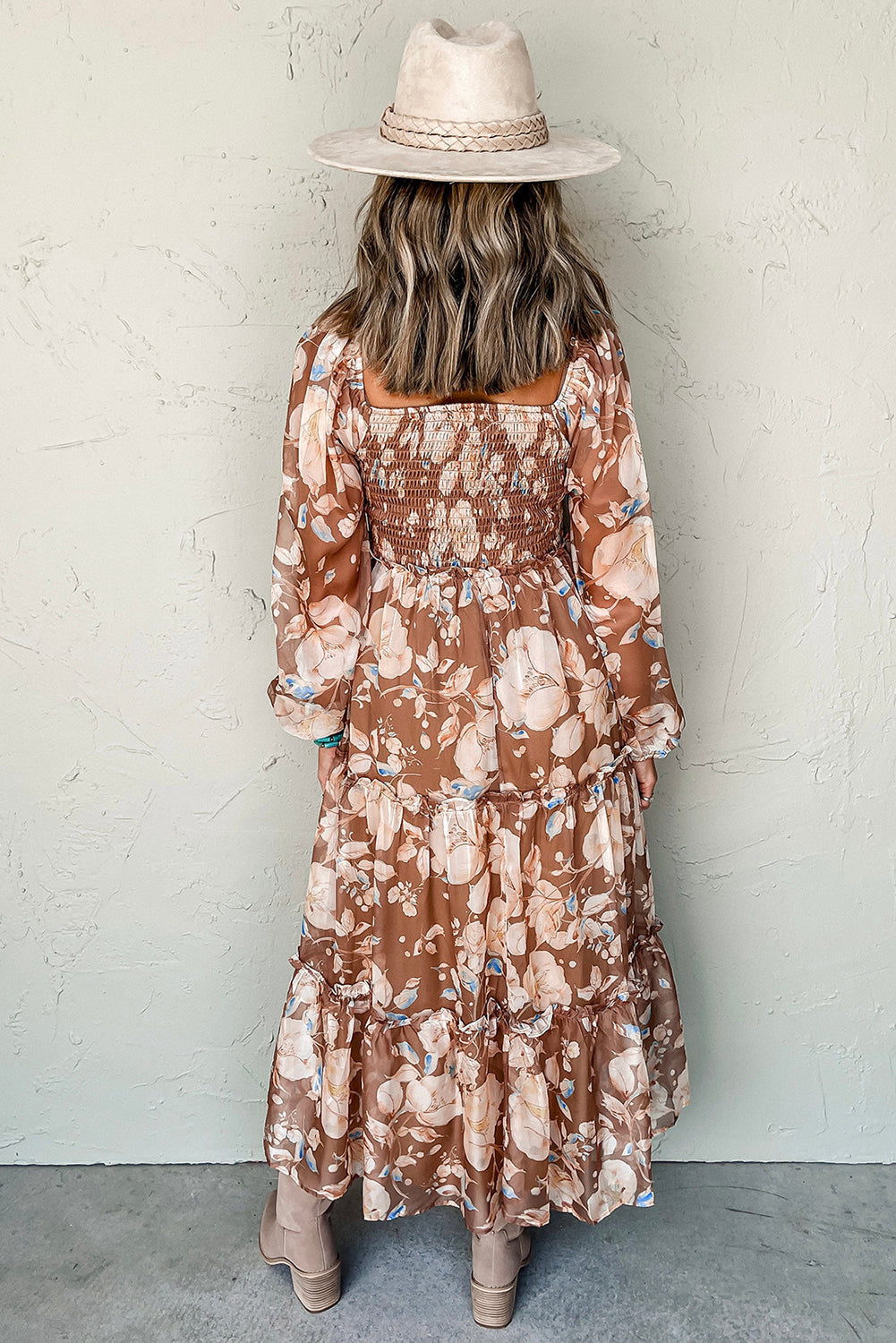 Brown Floral Print Shirred Square Neck High Waist Maxi Dress - MAD RUFFI