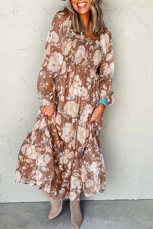 Brown Floral Print Shirred Square Neck High Waist Maxi Dress - MAD RUFFI