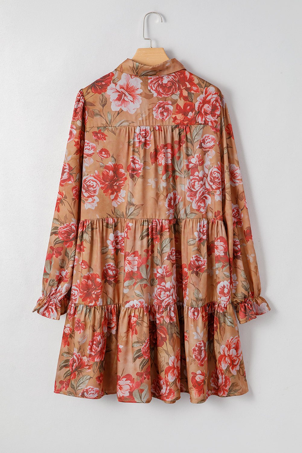 Brown Floral Print Shirt Style Long Sleeve Ruffle Mini Dress - MAD RUFFI