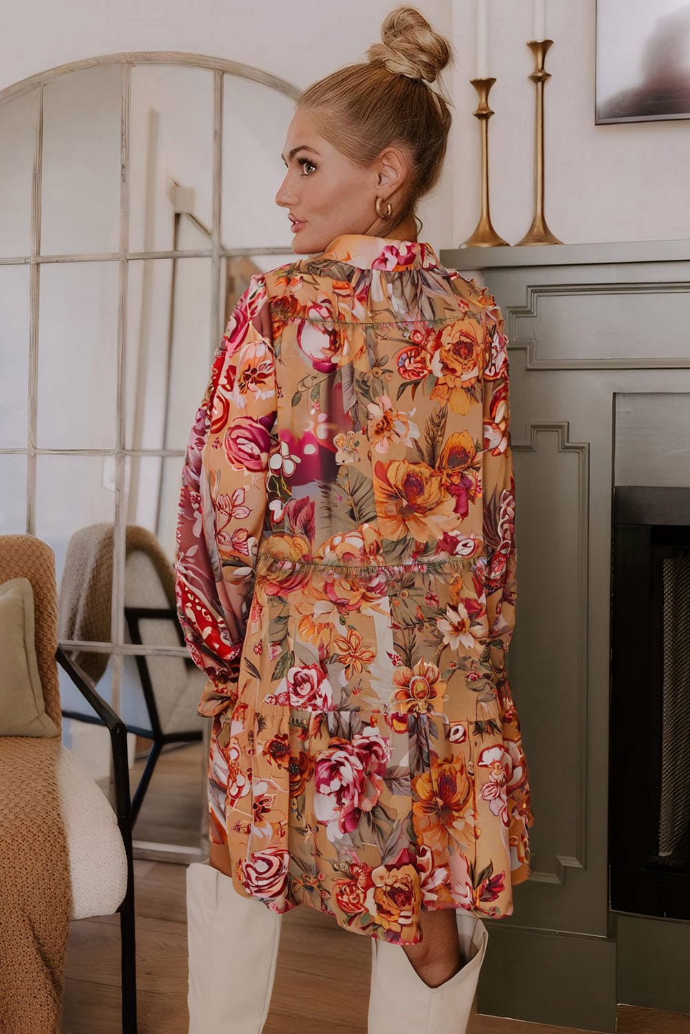 Brown Floral Print Shirt Style Long Sleeve Ruffle Mini Dress - MAD RUFFI