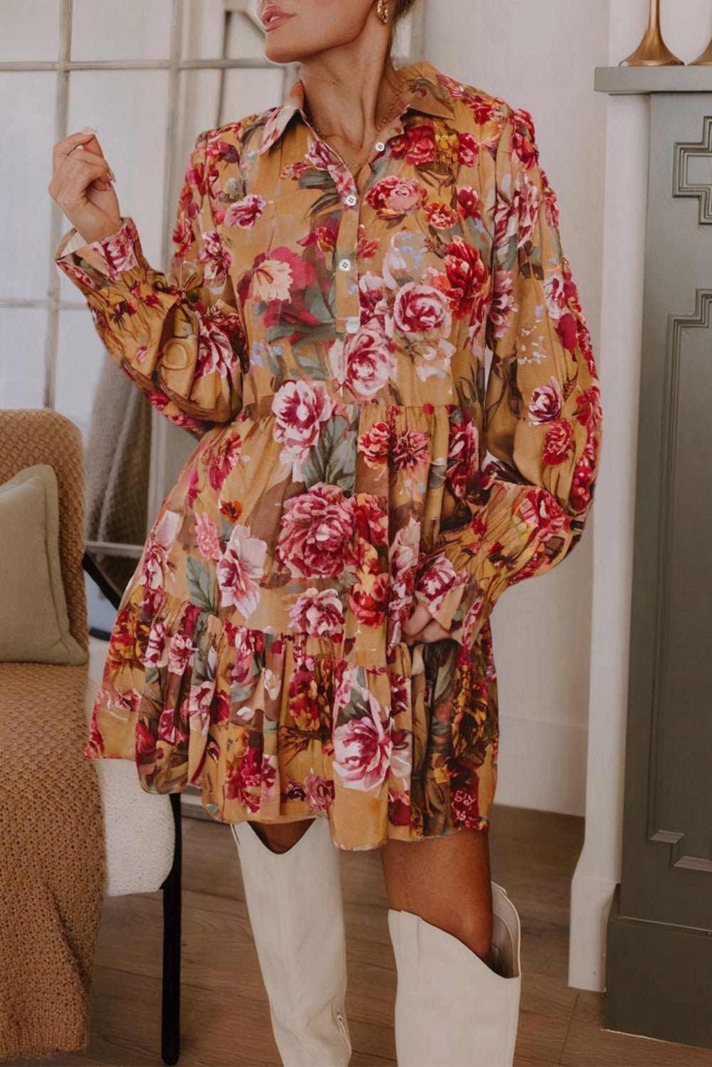 Brown Floral Print Shirt Style Long Sleeve Ruffle Mini Dress - MAD RUFFI