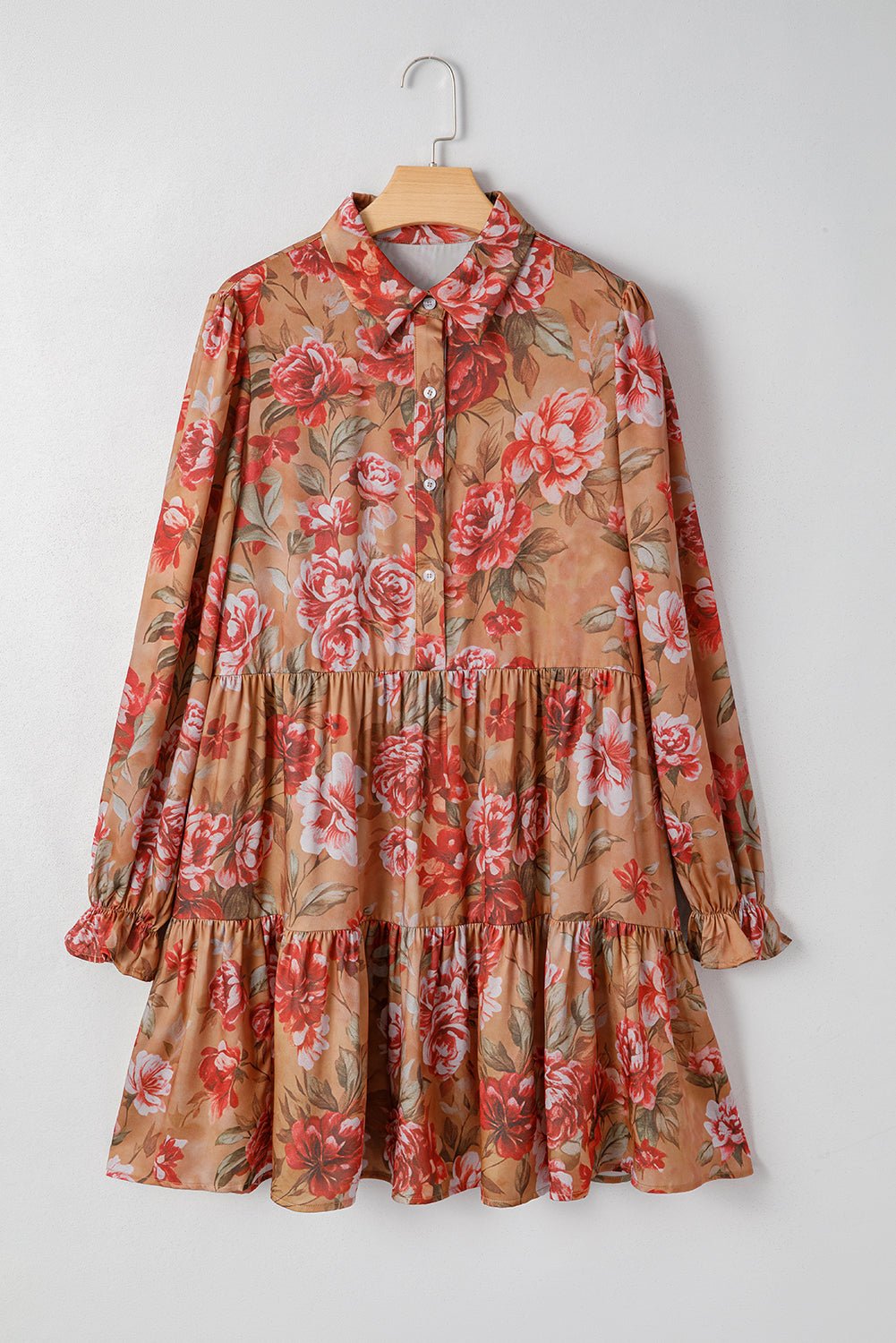 Brown Floral Print Shirt Style Long Sleeve Ruffle Mini Dress - MAD RUFFI