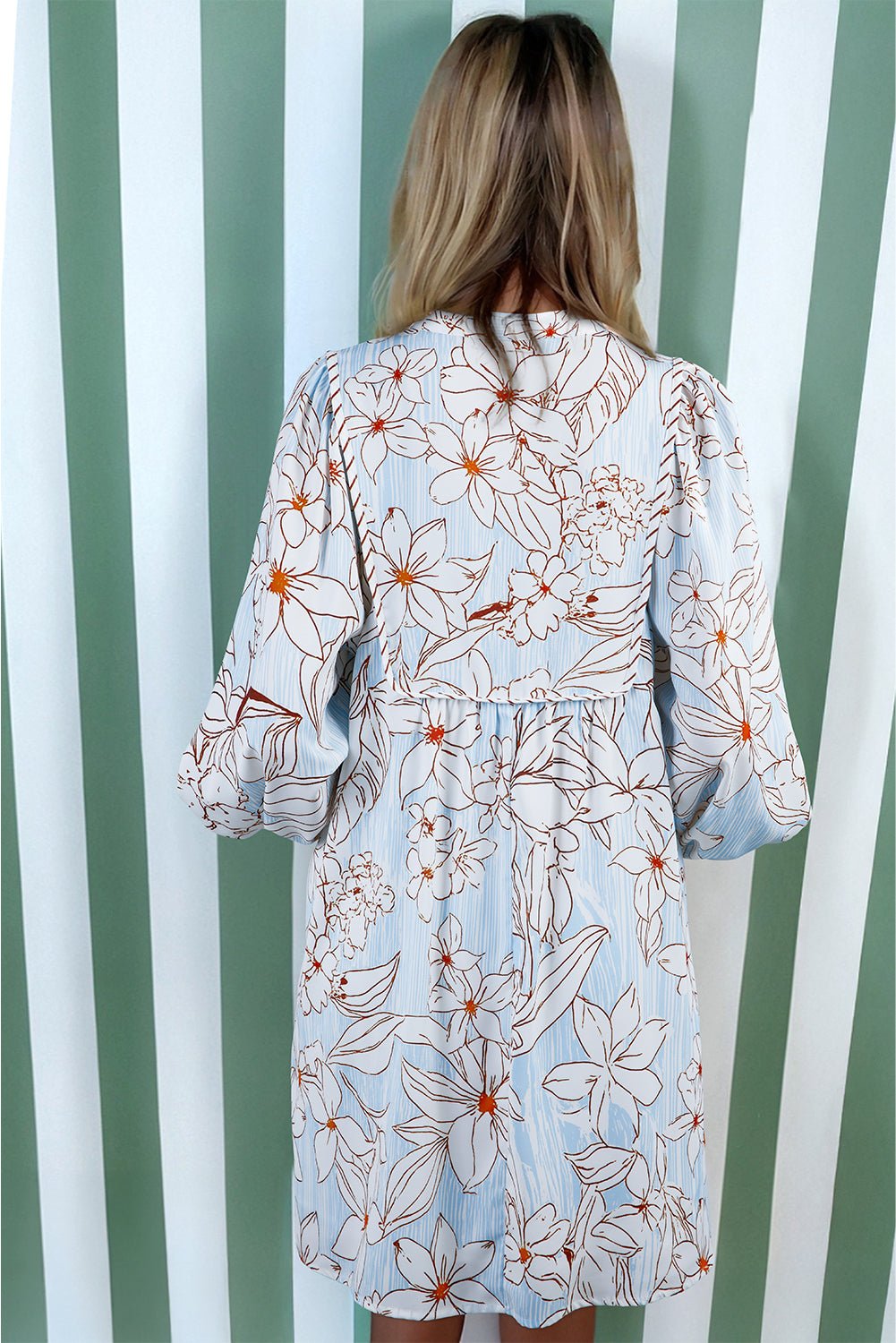 Brown Floral Print Tie Neck Long Sleeve Mini Dress - MAD RUFFI