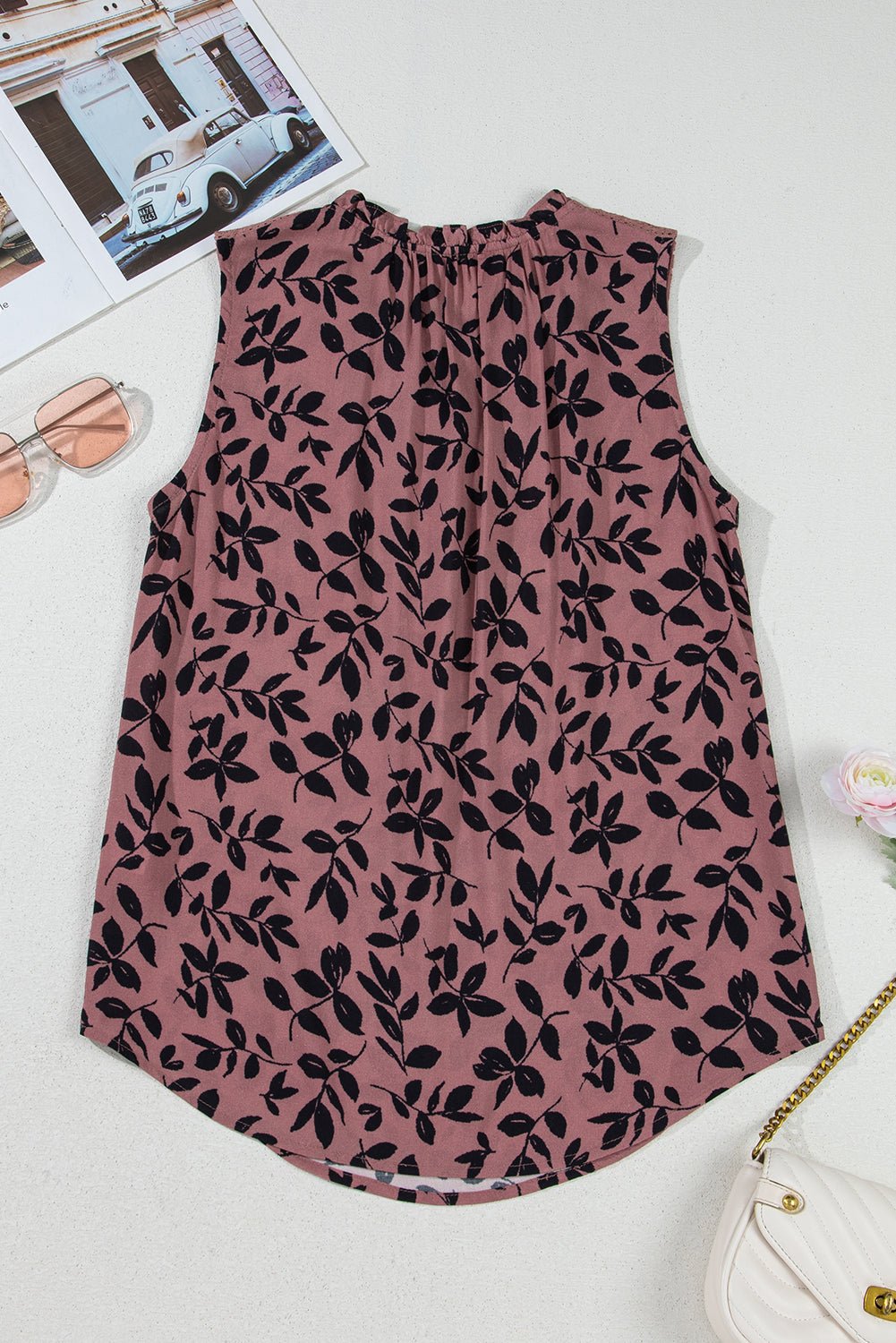 brown floral print tie neck sleeveless top - MAD RUFFI