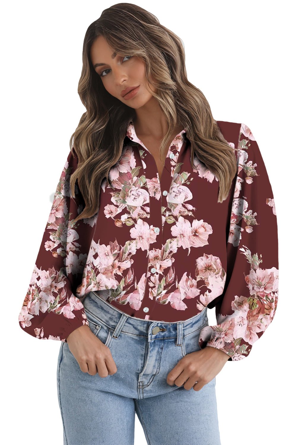 Brown Floral Puff Sleeve Lightweight Shirt - MAD RUFFI