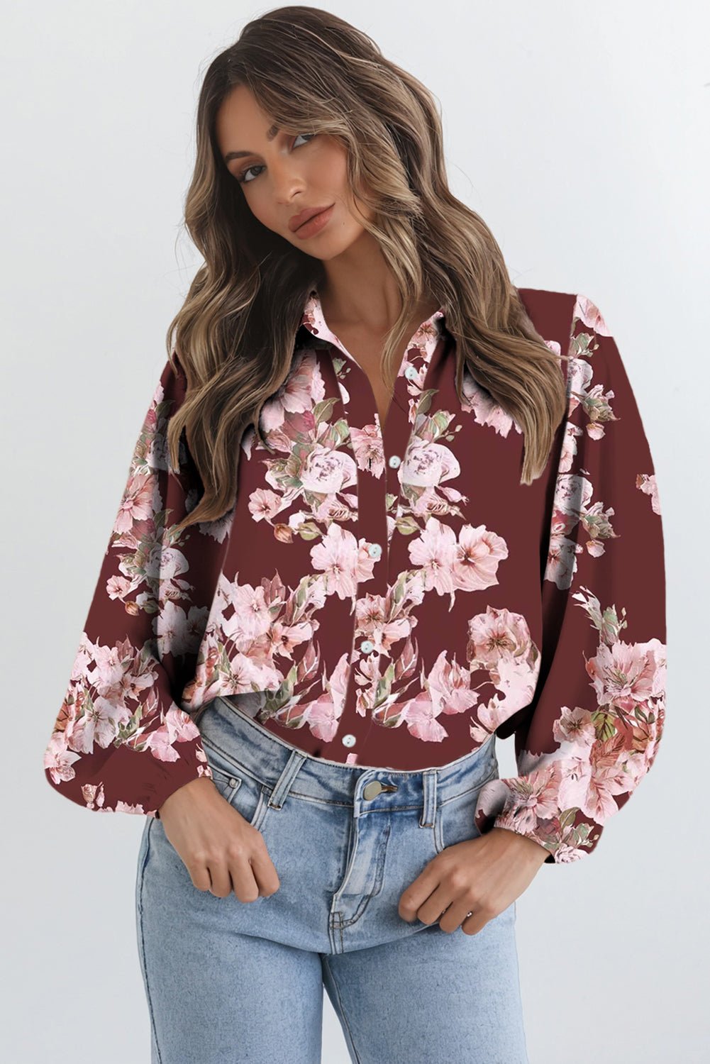 Brown Floral Puff Sleeve Lightweight Shirt - MAD RUFFI