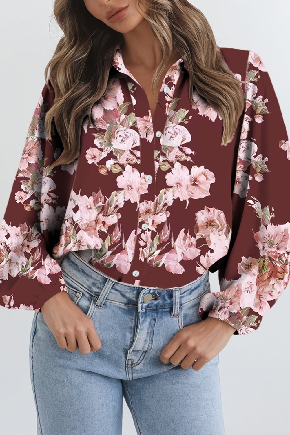 Brown Floral Puff Sleeve Lightweight Shirt - MAD RUFFI