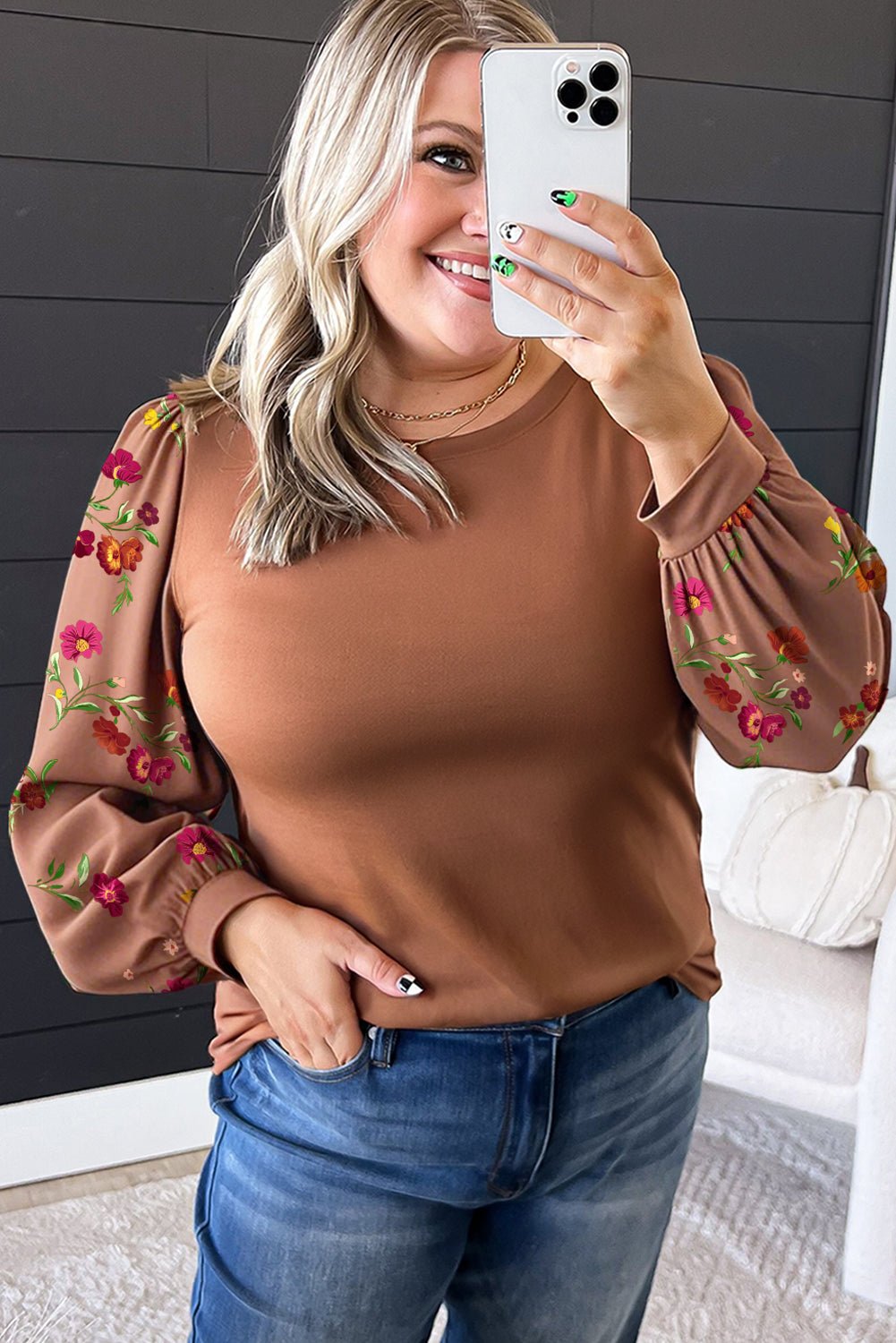 Brown Floral Puff Sleeve Round Neck Plus Size Blouse - MAD RUFFI