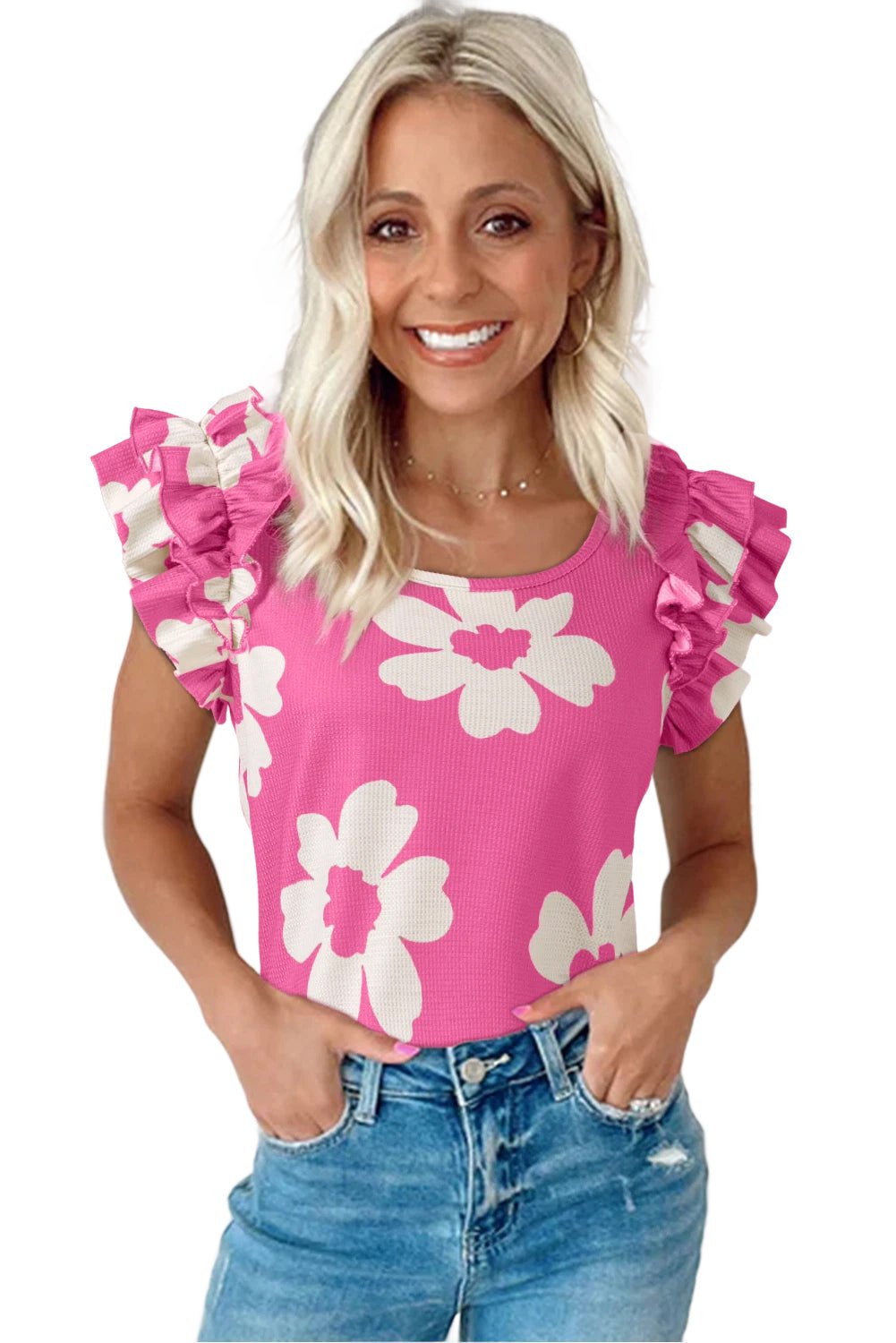 Brown Floral Ruffle Shoulder Square Neck Blouse - MAD RUFFI