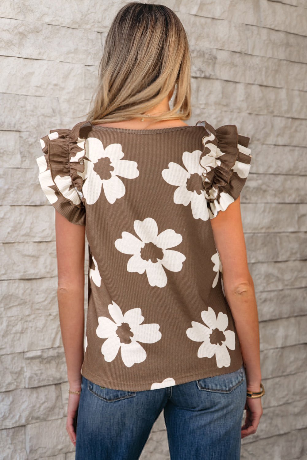 Brown Floral Ruffle Shoulder Square Neck Blouse - MAD RUFFI