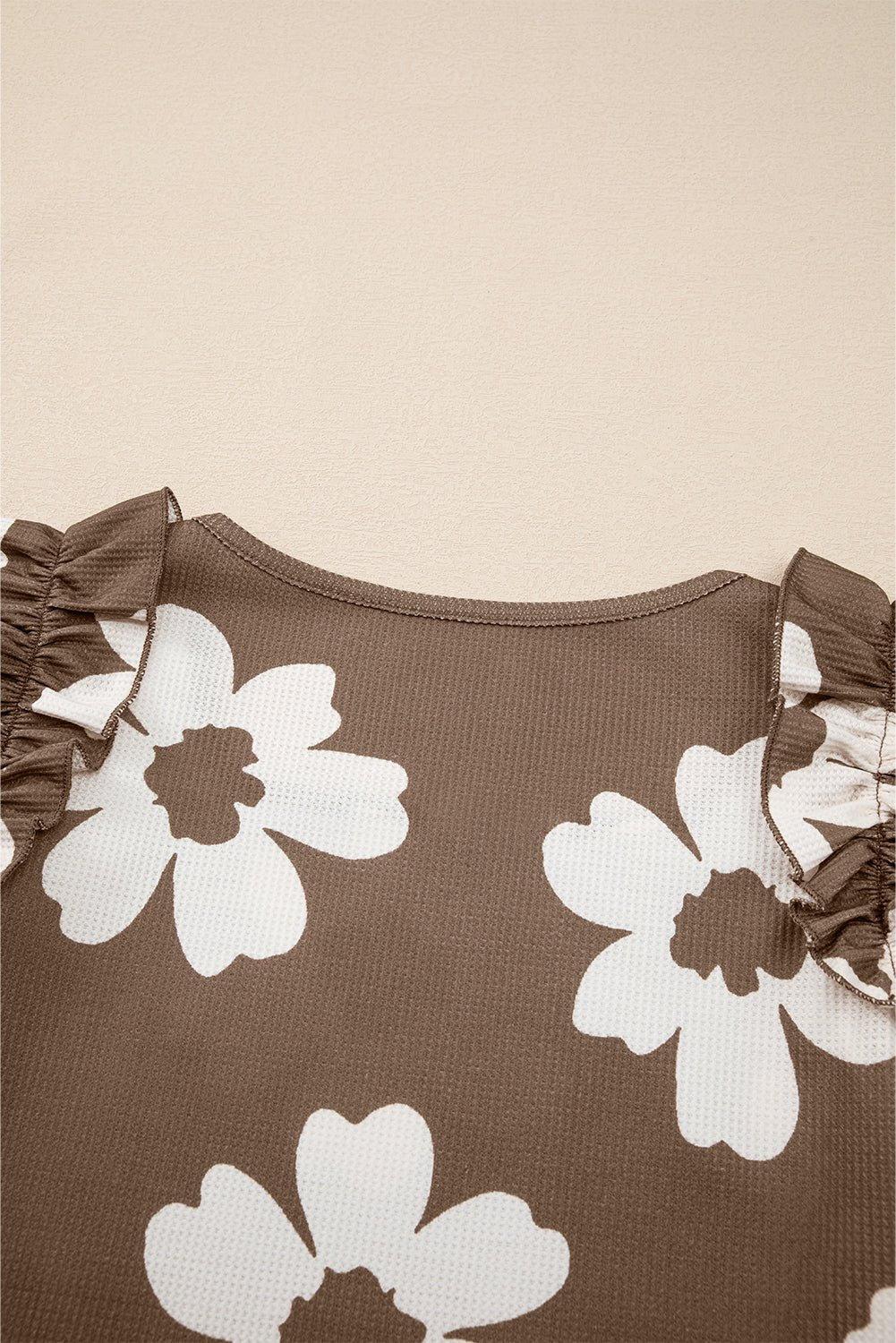 Brown Floral Ruffle Shoulder Square Neck Blouse - MAD RUFFI