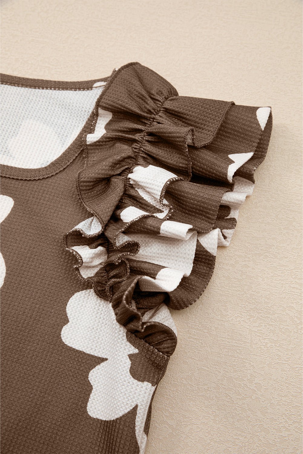 Brown Floral Ruffle Shoulder Square Neck Blouse - MAD RUFFI