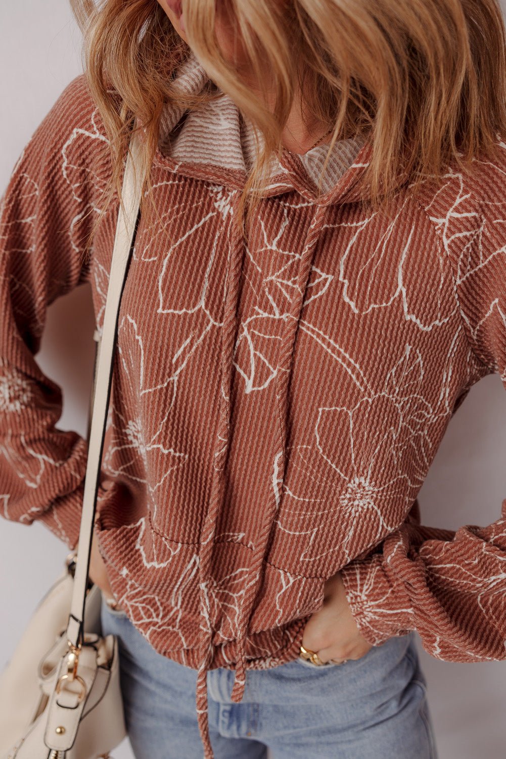 Brown Floral Twisted Rib Drawstring Kangaroo Pocket Hooded Top - MAD RUFFI