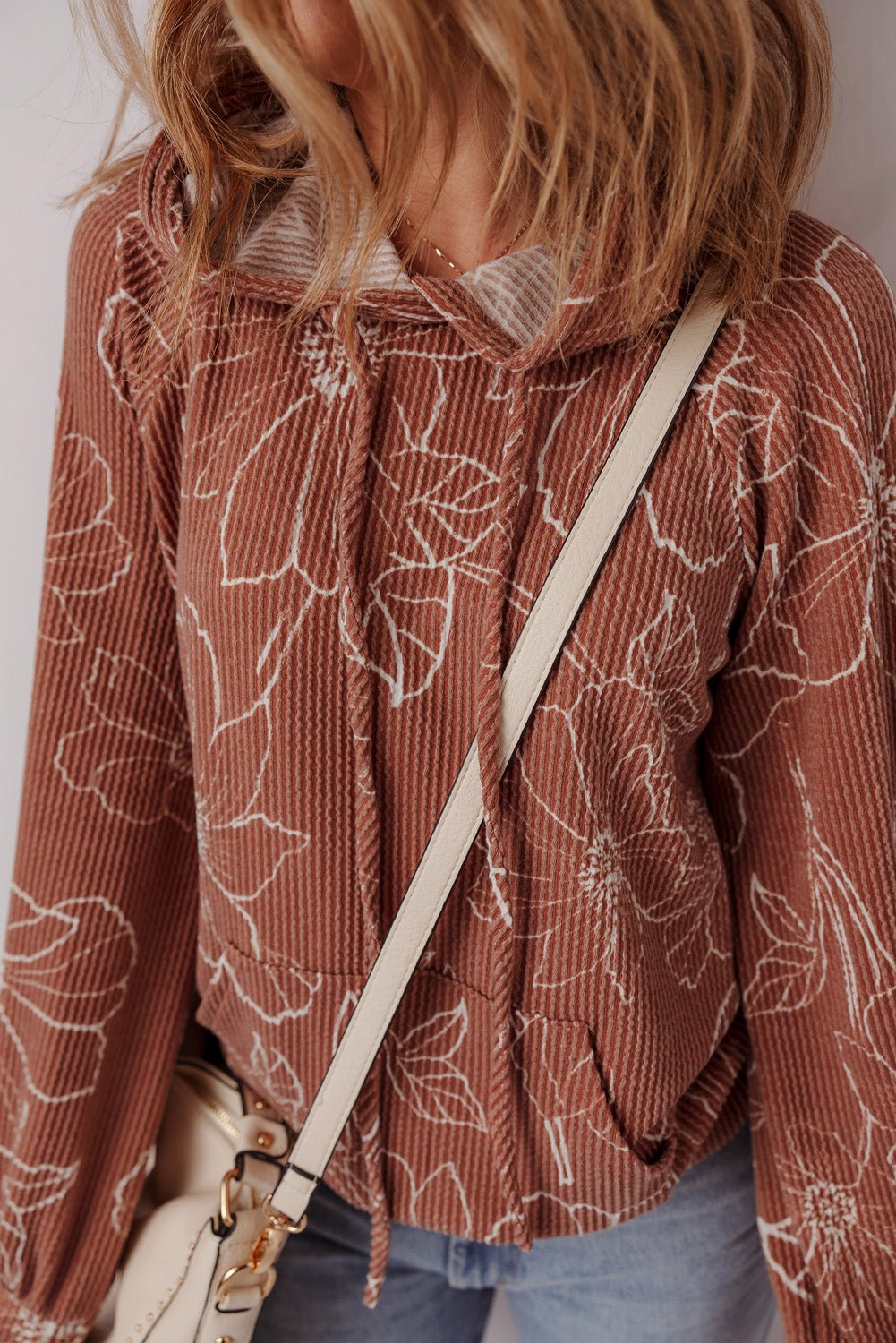 Brown Floral Twisted Rib Drawstring Kangaroo Pocket Hooded Top - MAD RUFFI