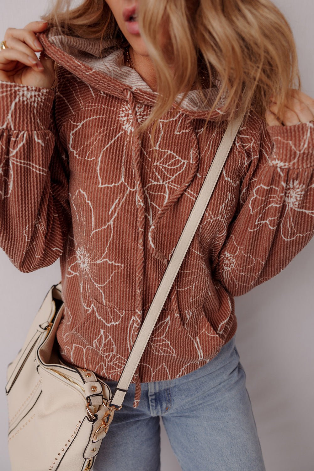 Brown Floral Twisted Rib Drawstring Kangaroo Pocket Hooded Top - MAD RUFFI