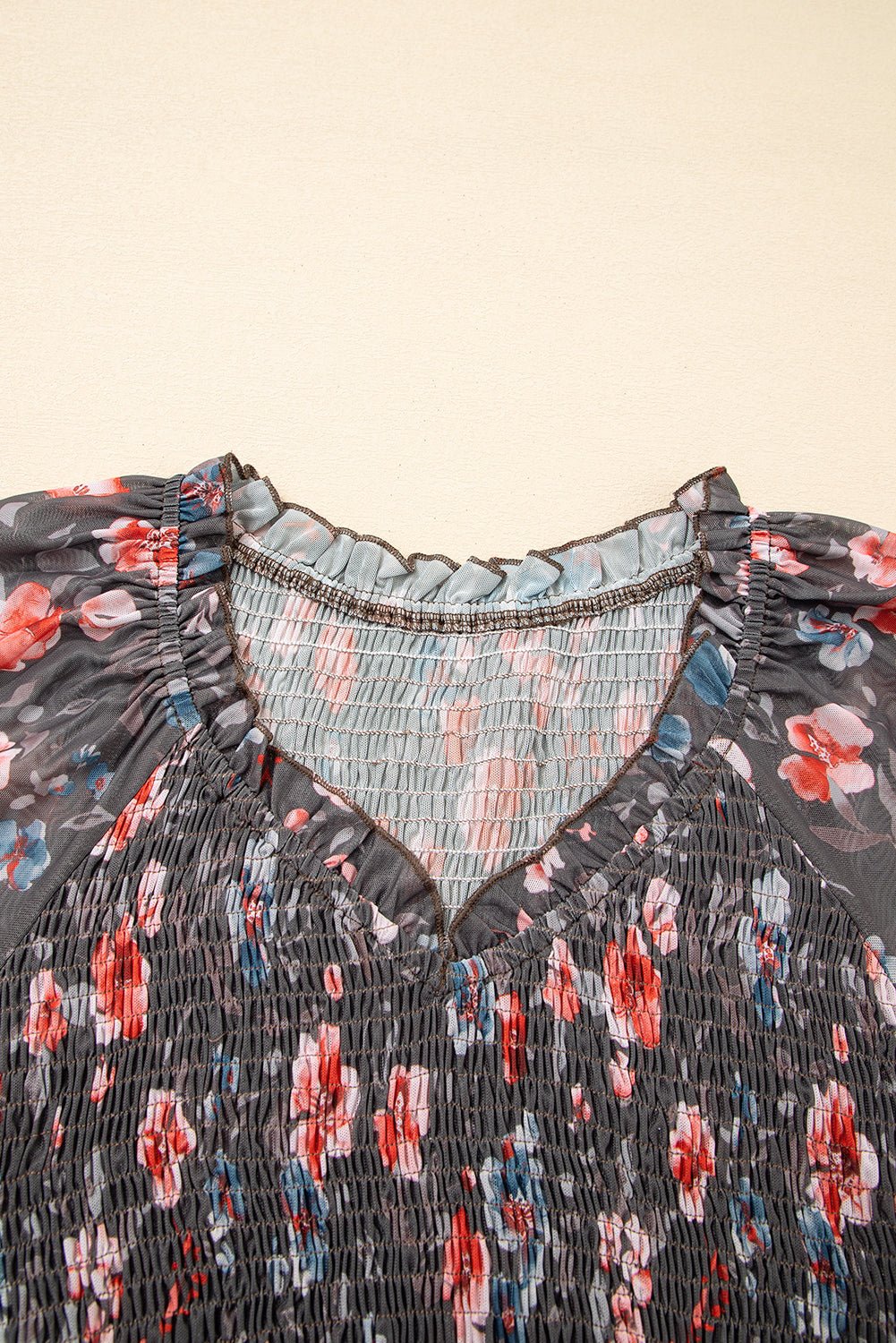 Brown Frilly Smocked Bodice Floral Mesh Long Sleeve Mini Dress - MAD RUFFI