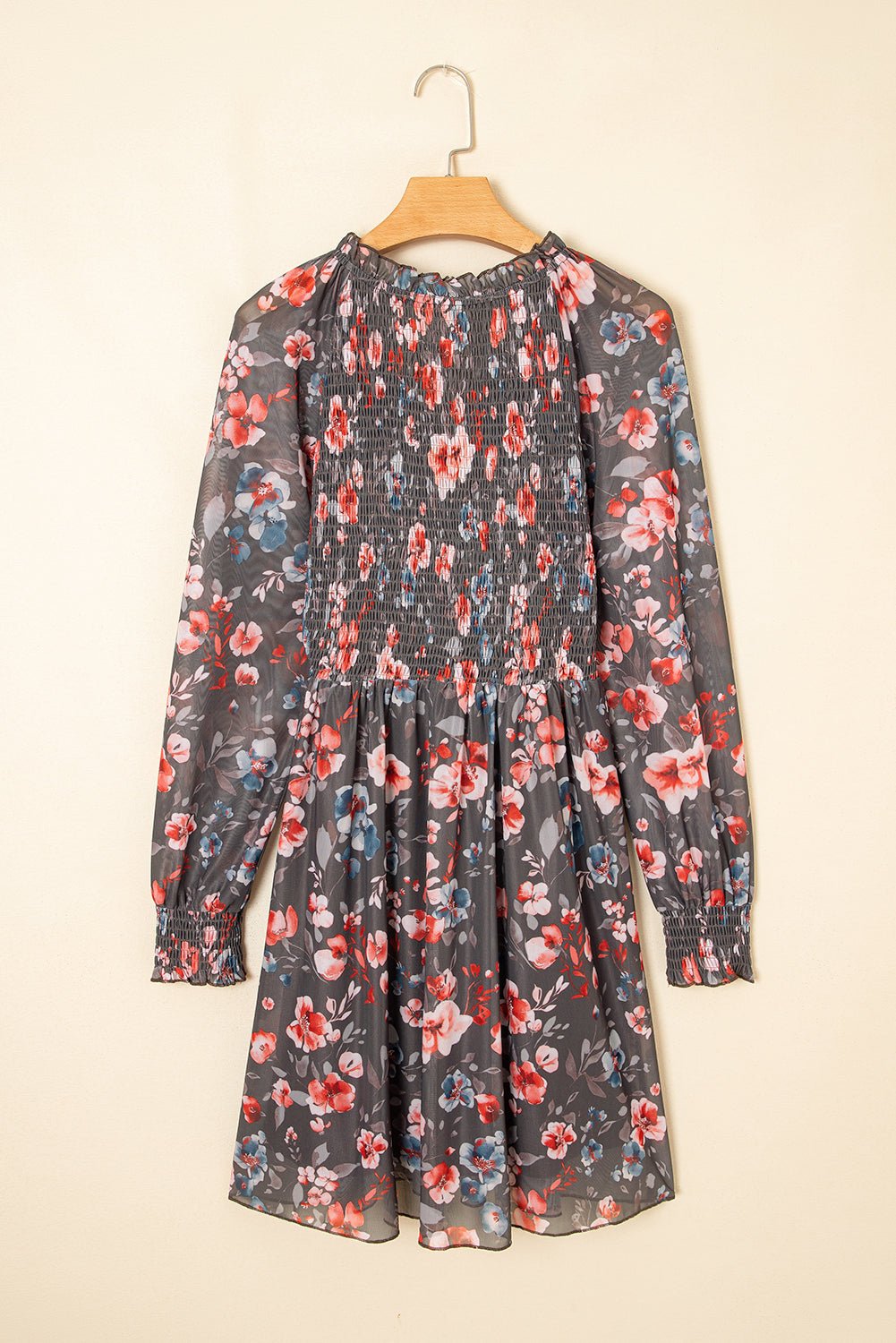 Brown Frilly Smocked Bodice Floral Mesh Long Sleeve Mini Dress - MAD RUFFI