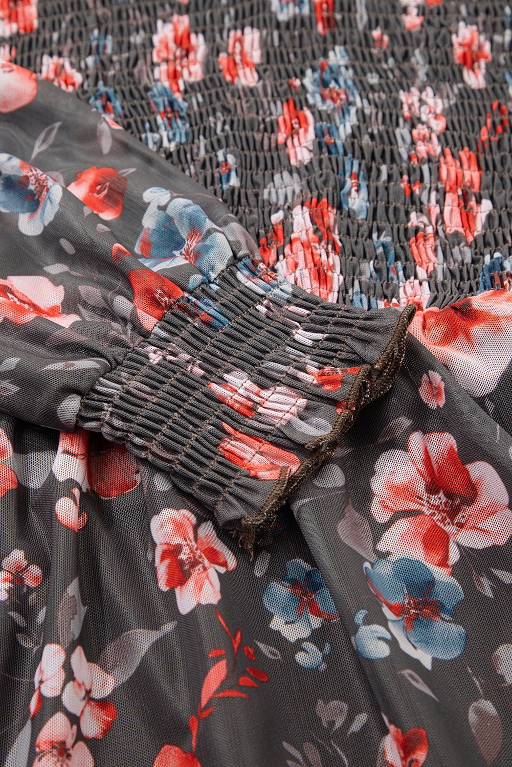 Brown Frilly Smocked Bodice Floral Mesh Long Sleeve Mini Dress - MAD RUFFI